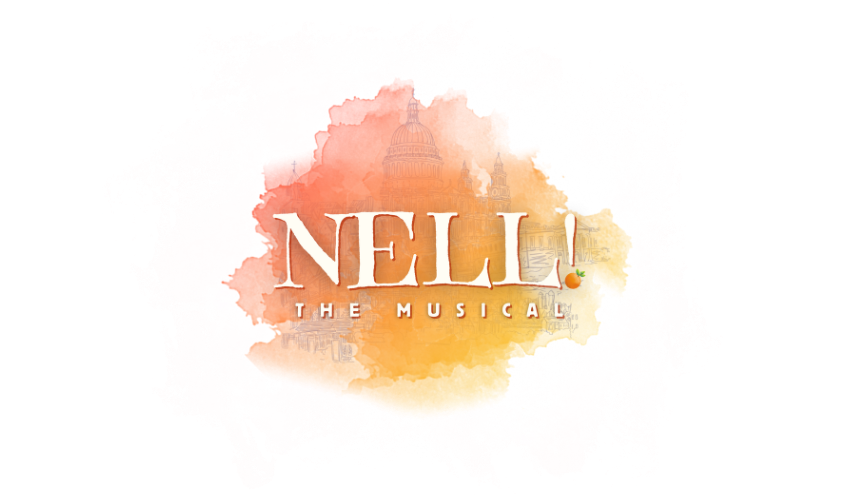 "NELL! The Musical" is written in bold white letters with a watercolour splash background of orange, pink and red.